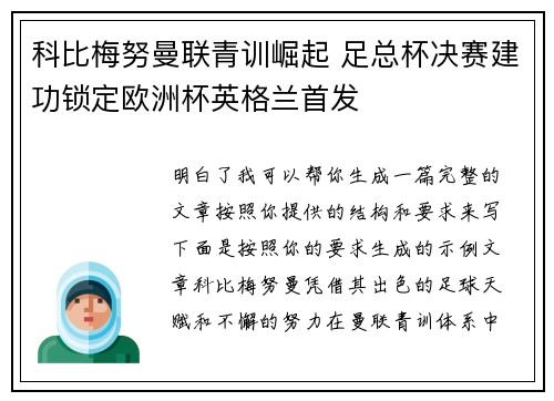 科比梅努曼联青训崛起 足总杯决赛建功锁定欧洲杯英格兰首发